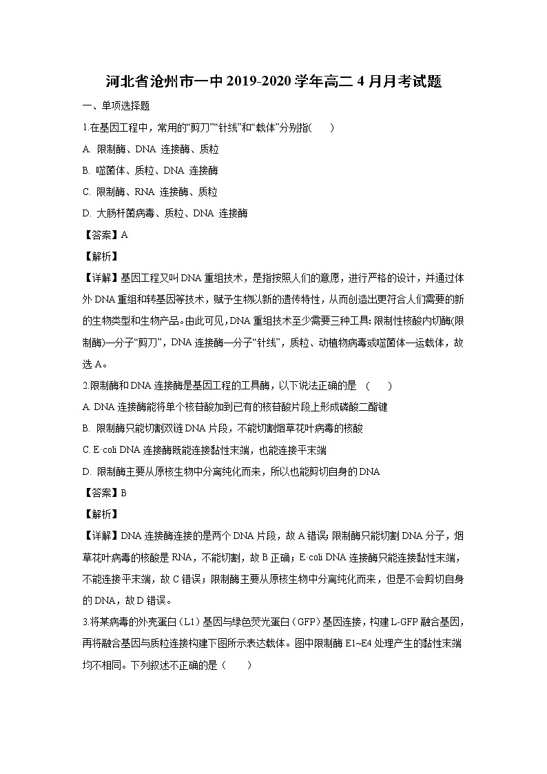 【生物】河北省沧州市一中2019-2020学年高二4月月考试题（解析版）01
