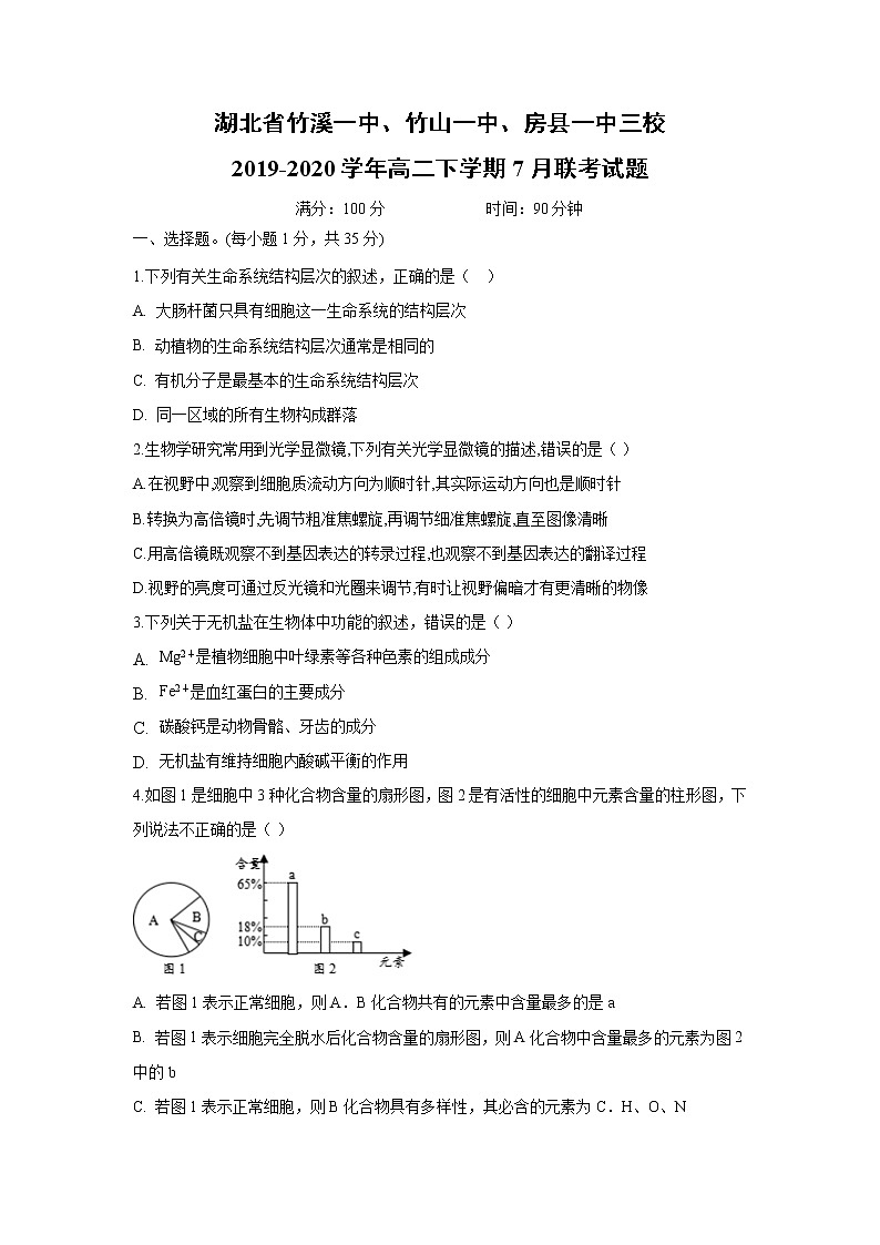 【生物】湖北省竹溪一中、竹山一中、房县一中三校2019-2020学年高二下学期7月联考试题01