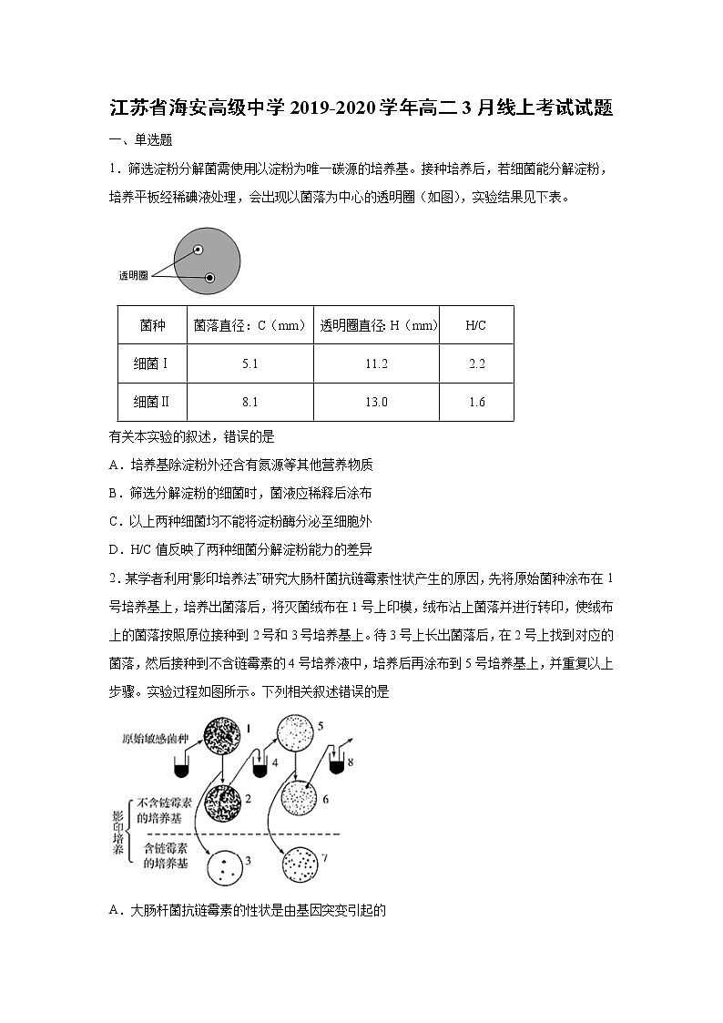 【生物】江苏省海安高级中学2019-2020学年高二3月线上考试试题01