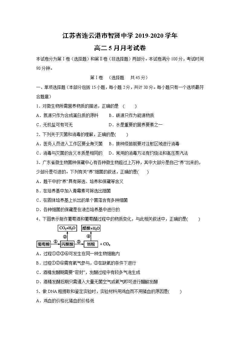 【生物】江苏省连云港市智贤中学2019-2020学年高二5月月考试卷01