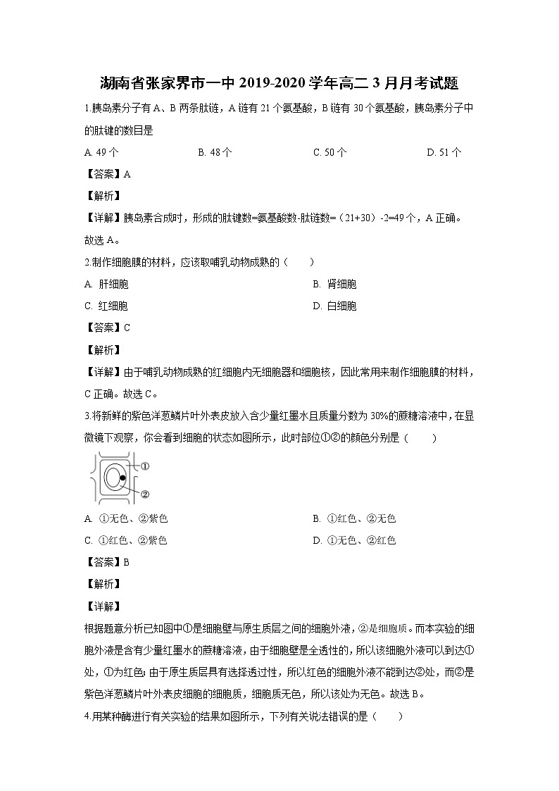 【生物】湖南省张家界市一中2019-2020学年高二3月月考试题（解析版）第1页