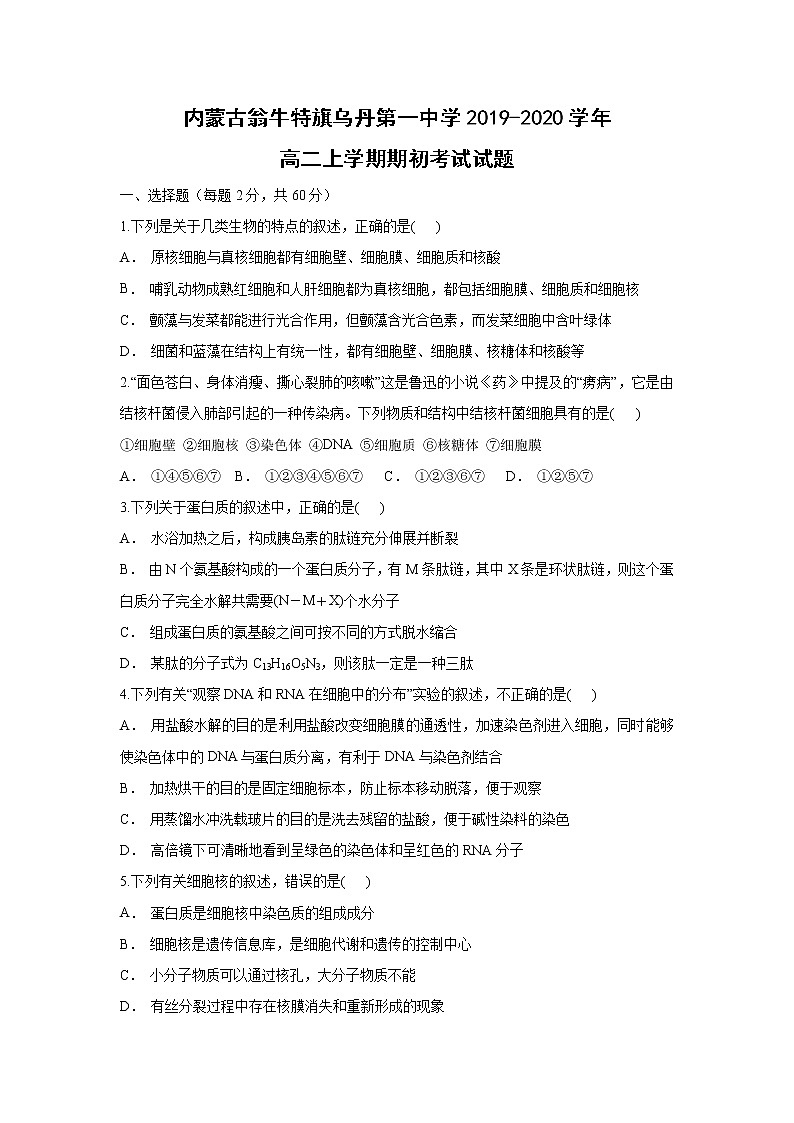 【生物】内蒙古翁牛特旗乌丹第一中学2019-2020学年高二上学期期初考试试题01
