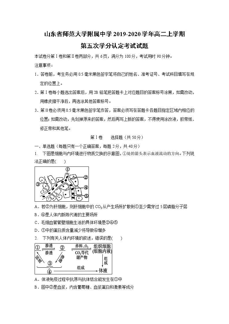 【生物】山东省师范大学附属中学2019-2020学年高二上学期第五次学分认定考试试题01