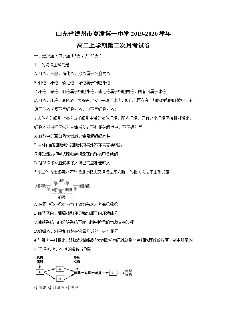 【生物】山东省德州市夏津第一中学2019-2020学年高二上学期第二次月考试卷01