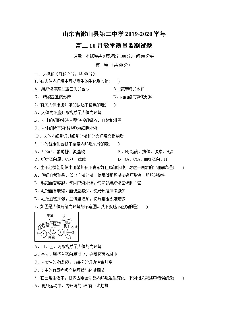 【生物】山东省微山县第二中学2019-2020学年高二10月教学质量监测试题第1页