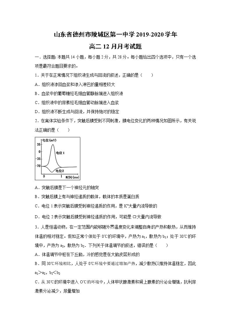 【生物】山东省德州市陵城区第一中学2019-2020学年高二12月月考试题01