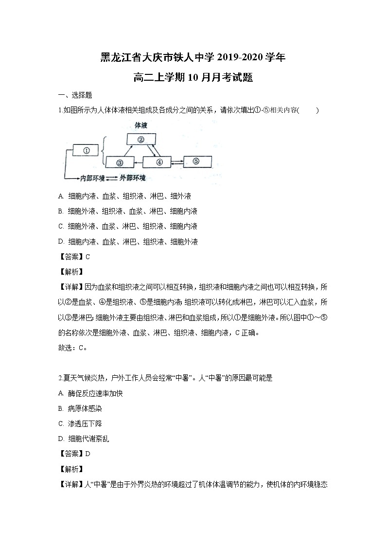 【生物】黑龙江省大庆市铁人中学2019-2020学年高二上学期10月月考试题（解析版）01