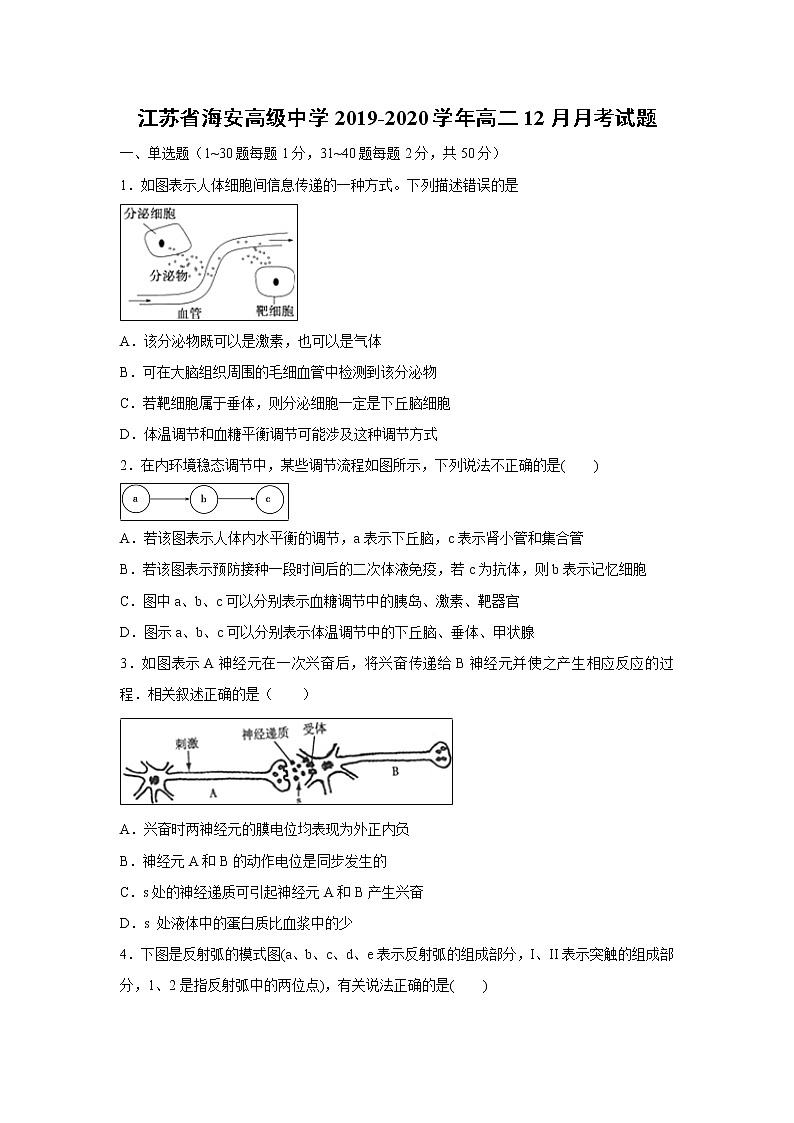 【生物】江苏省海安高级中学2019-2020学年高二12月月考试题01