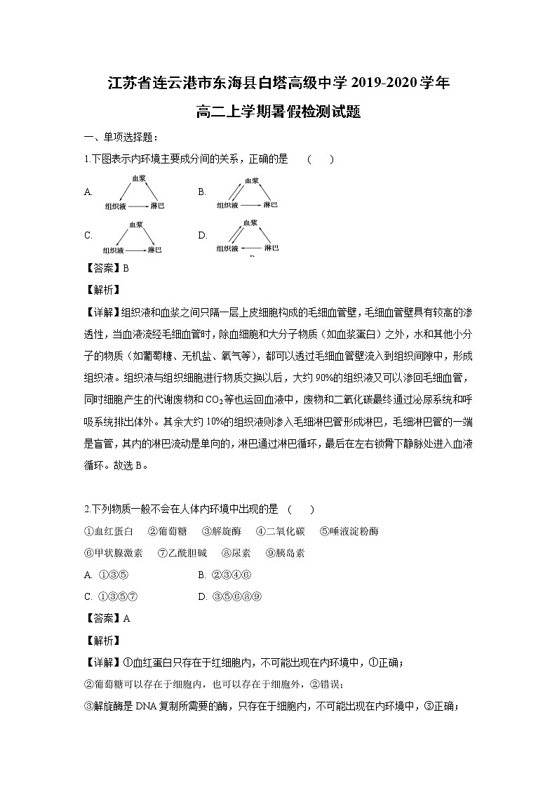 【生物】江苏省连云港市东海县白塔高级中学2019-2020学年高二上学期暑假检测试题（解析版）01