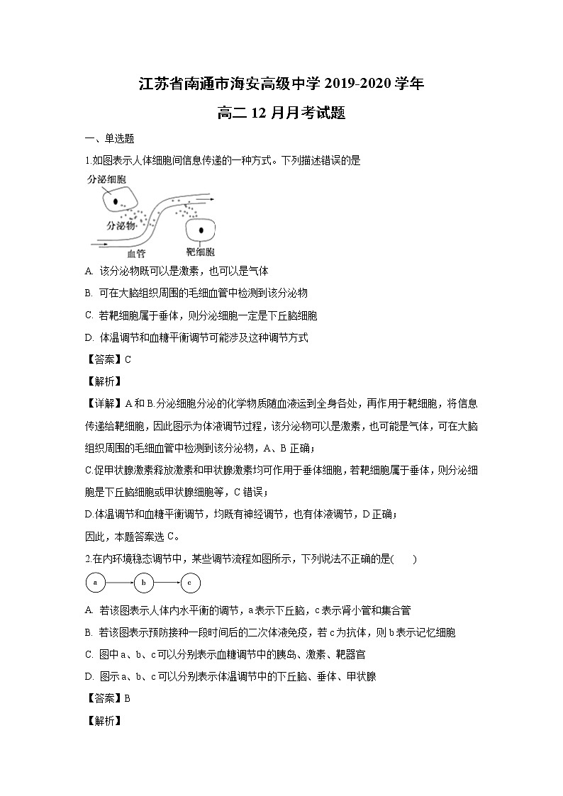 【生物】江苏省南通市海安高级中学2019-2020学年高二12月月考试题（解析版）01