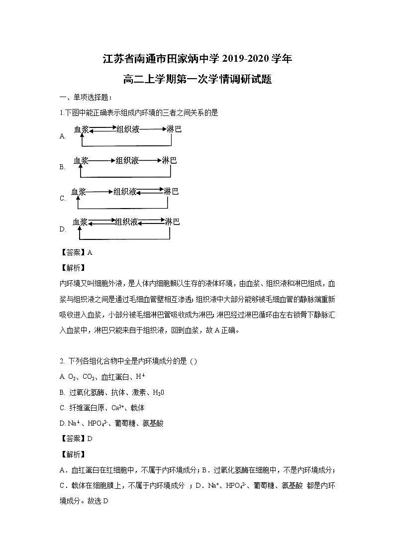 【生物】江苏省南通市田家炳中学2019-2020学年高二上学期第一次学情调研试题（解析版）01