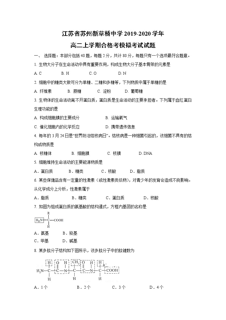 【生物】江苏省苏州新草桥中学2019-2020学年高二上学期合格考模拟考试试题01