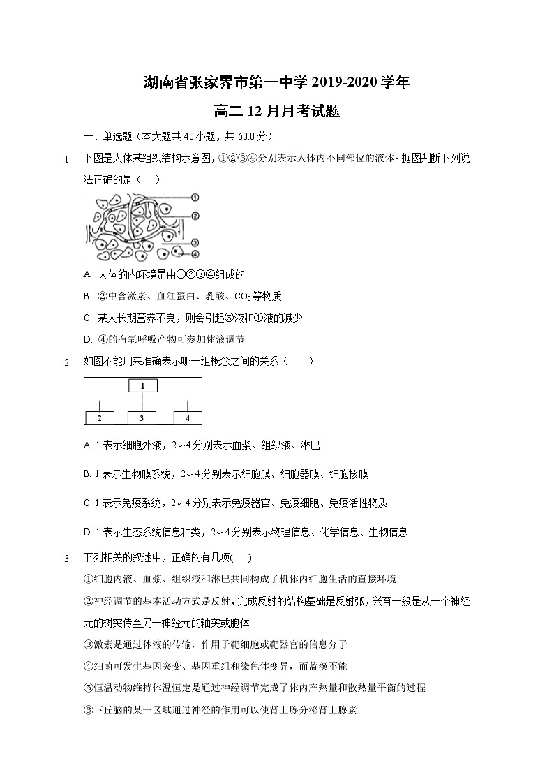 【生物】湖南省张家界市第一中学2019-2020学年高二12月月考试题第1页