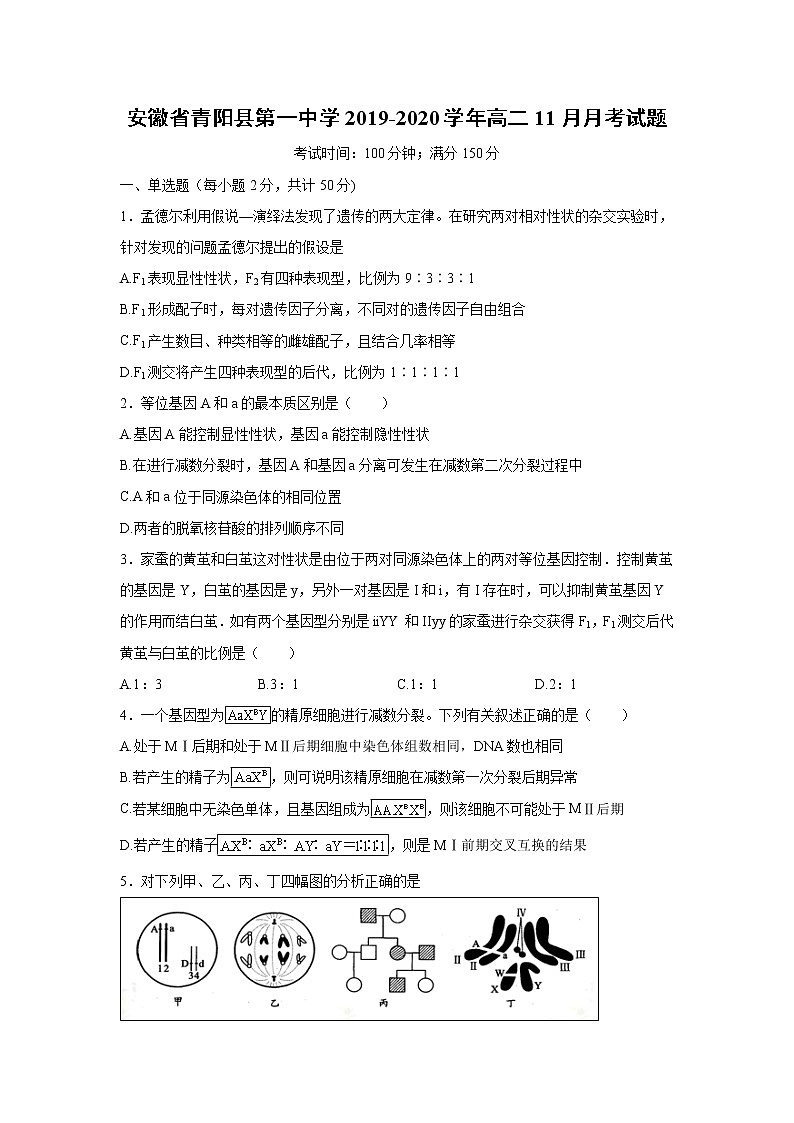【生物】安徽省青阳县第一中学2019-2020学年高二11月月考试题01