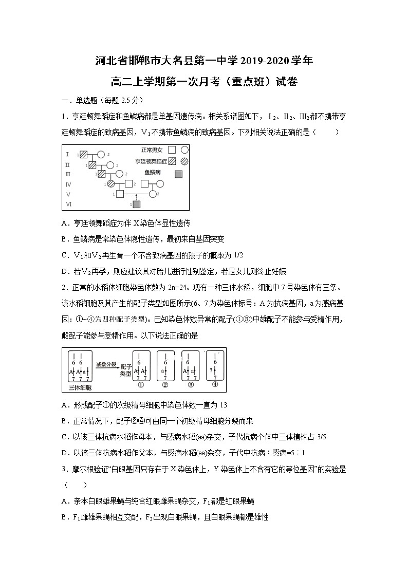 【生物】河北省邯郸市大名县第一中学2019-2020学年高二上学期第一次月考（重点班）试卷（解析版）01