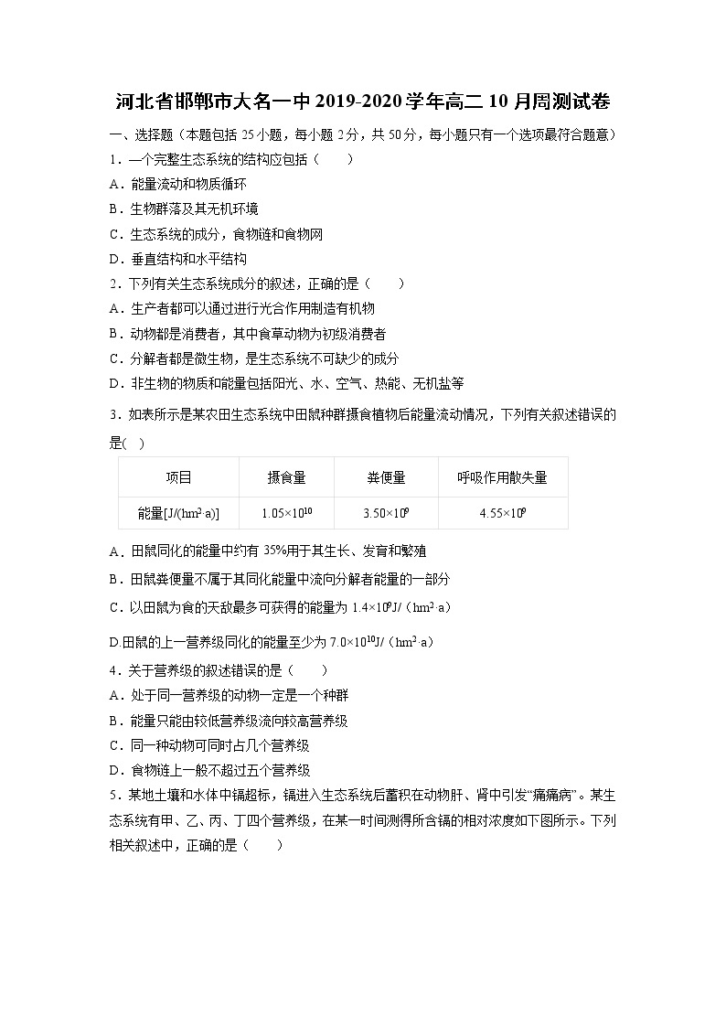 【生物】河北省邯郸市大名一中2019-2020学年高二10月周测试卷01
