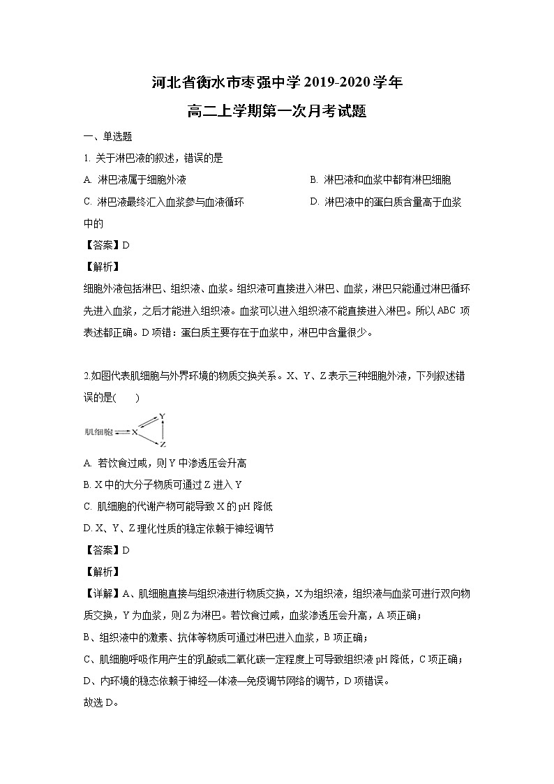 【生物】河北省衡水市枣强中学2019-2020学年高二上学期第一次月考试题（解析版）01