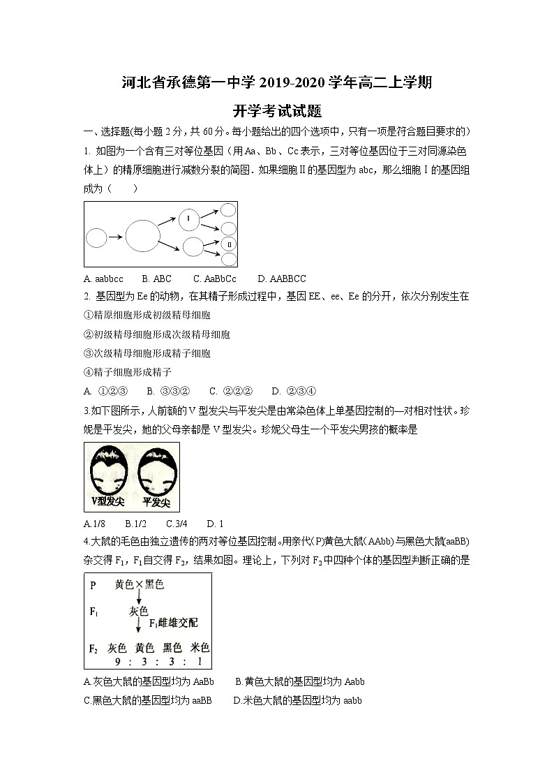 【生物】河北省承德第一中学2019-2020学年高二上学期开学考试试题01
