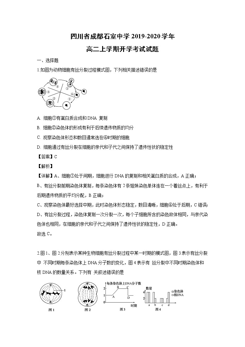 【生物】四川省成都石室中学2019-2020学年高二上学期开学考试试题（解析版）01