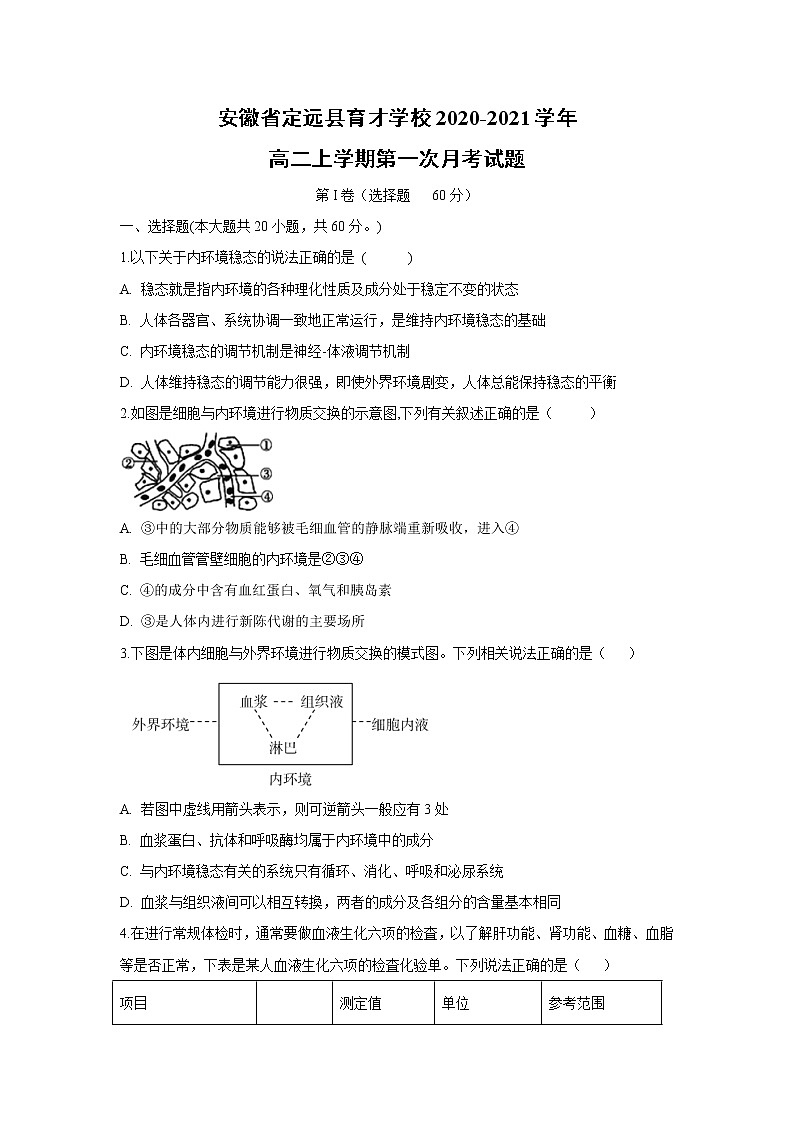 【生物】安徽省定远县育才学校2020-2021学年高二上学期第一次月考试题第1页