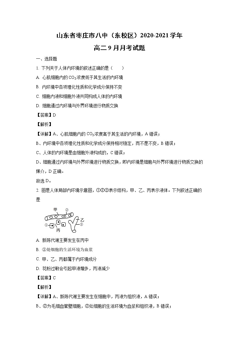 【生物】山东省枣庄市八中（东校区）2020-2021学年高二9月月考试题（解析版）第1页
