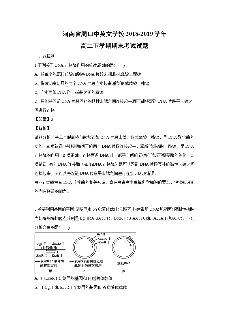 【生物】河南省周口中英文学校2018-2019学年高二下学期期末考试试题（解析版）第1页