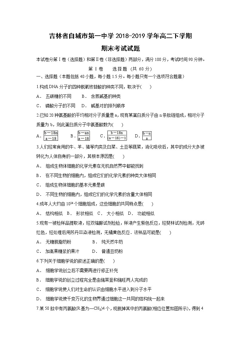 【生物】吉林省白城市第一中学2018-2019学年高二下学期期末考试试题第1页