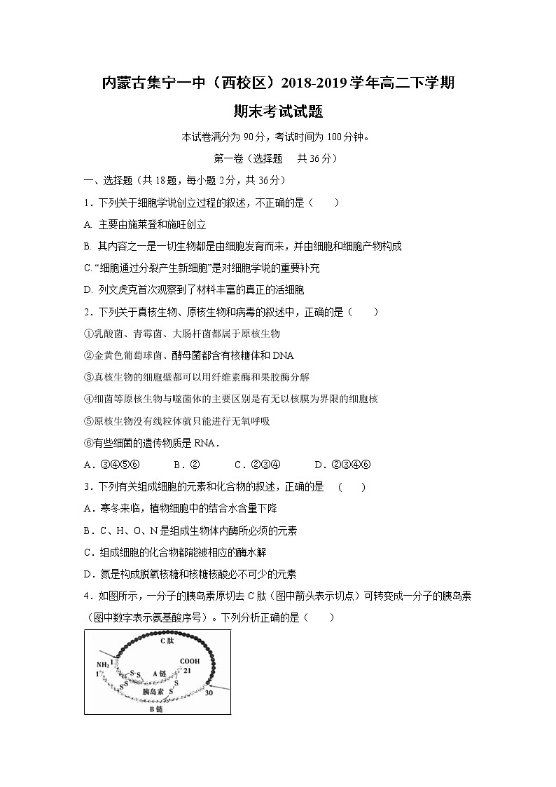 【生物】内蒙古集宁一中（西校区）2018-2019学年高二下学期期末考试试题01