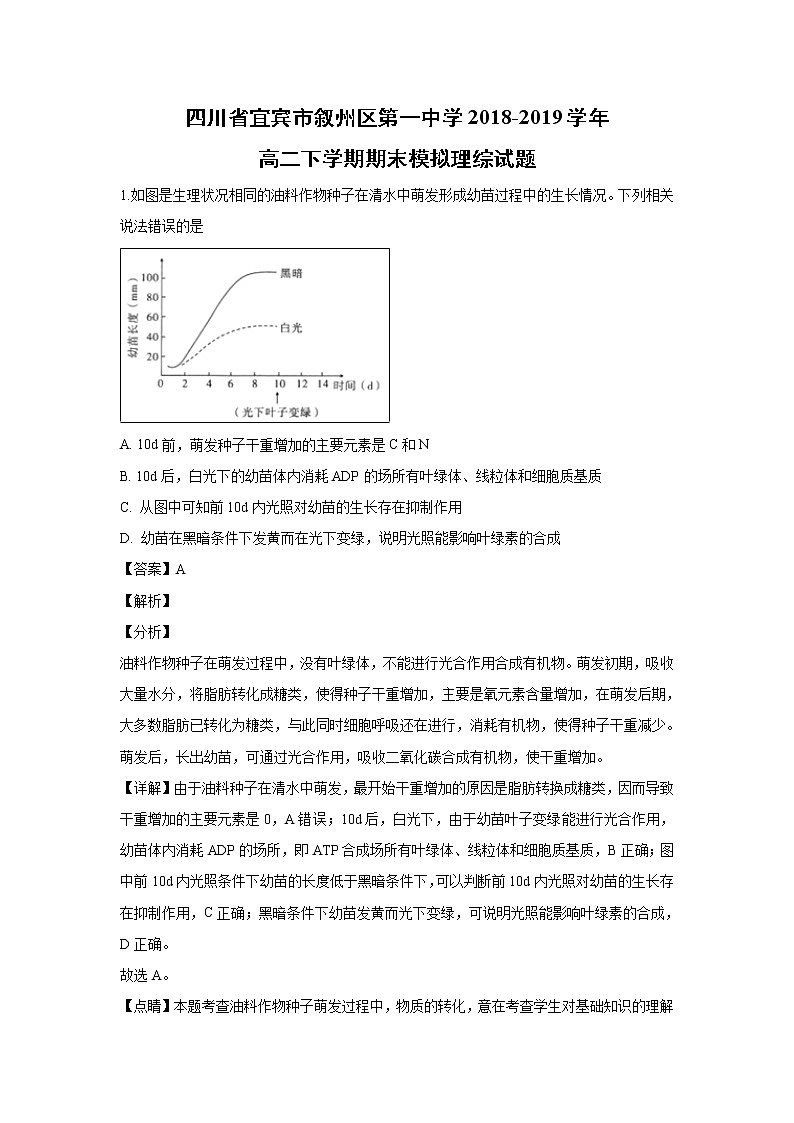 【生物】四川省宜宾市叙州区第一中学2018-2019学年高二下学期期末模拟理综试题（解析版）01