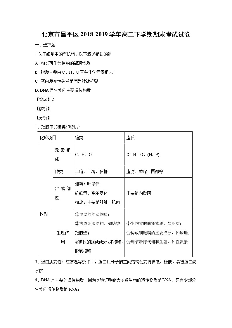 【生物】北京市昌平区2018-2019学年高二下学期期末考试试卷（解析版）01
