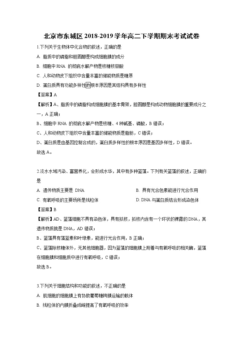 【生物】北京市东城区2018-2019学年高二下学期期末考试试卷（解析版）01