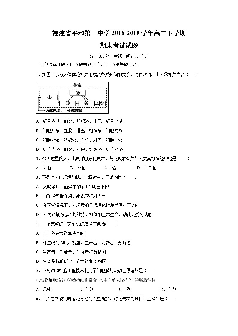 【生物】福建省平和第一中学2018-2019学年高二下学期期末考试试题01