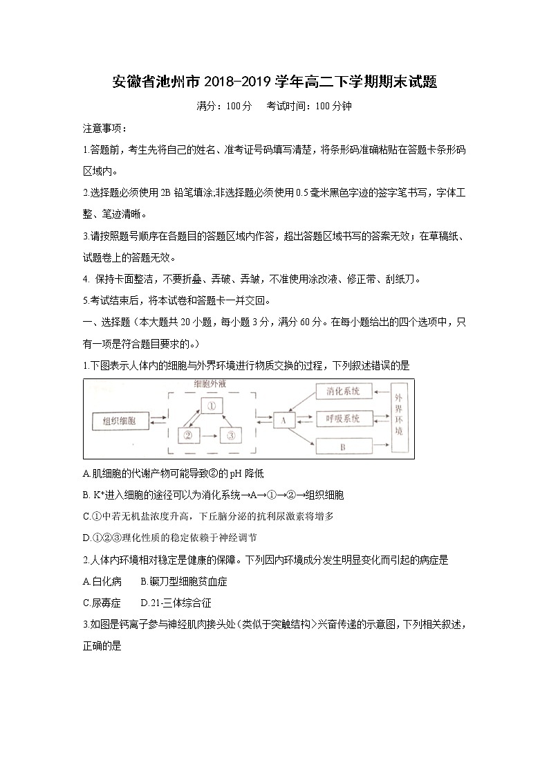 【生物】安徽省池州市2018-2019学年高二下学期期末试题（解析版）01
