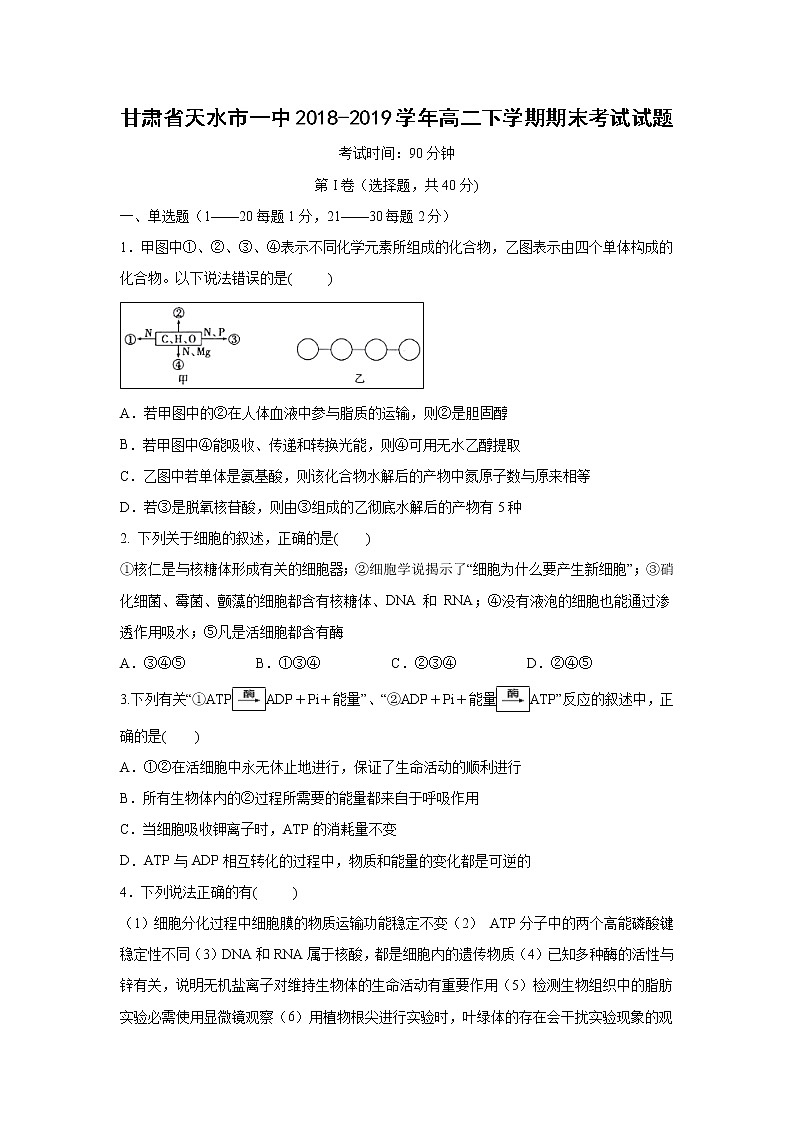 【生物】甘肃省天水市一中2018-2019学年高二下学期期末考试试题01