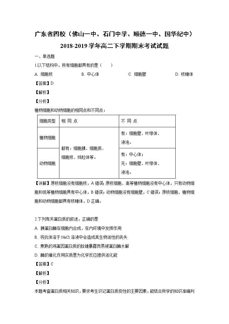 【生物】广东省四校（佛山一中、石门中学、顺德一中、国华纪中）2018-2019学年高二下学期期末考试试题（解析版）第1页