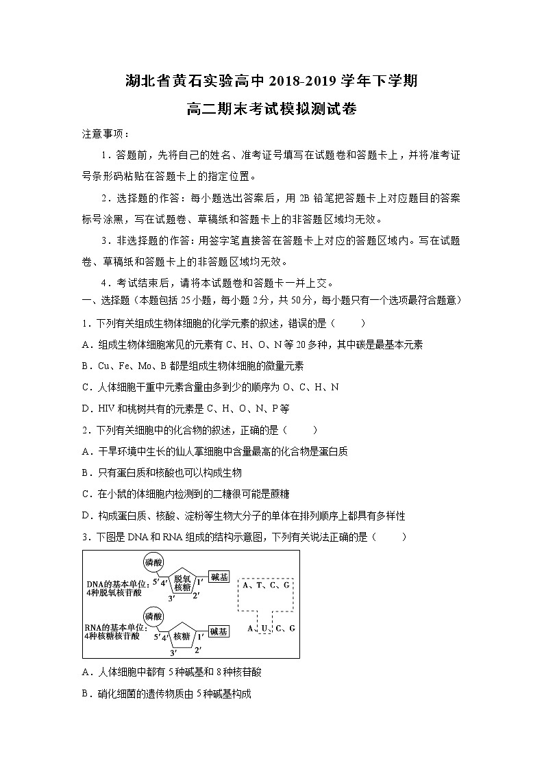 【生物】湖北省黄石实验高中2018-2019学年下学期高二期末考试模拟测试卷（解析版）第1页