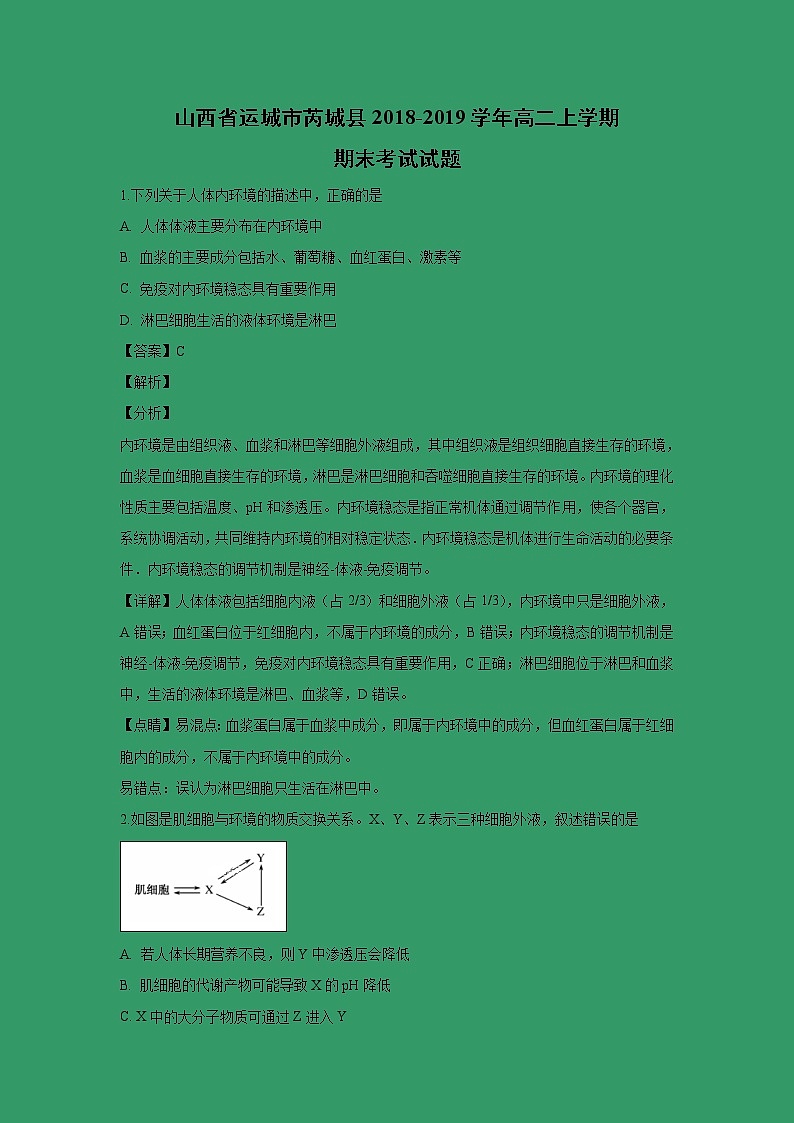 【生物】山西省运城市芮城县2018-2019学年高二上学期期末考试试题 （解析版）01