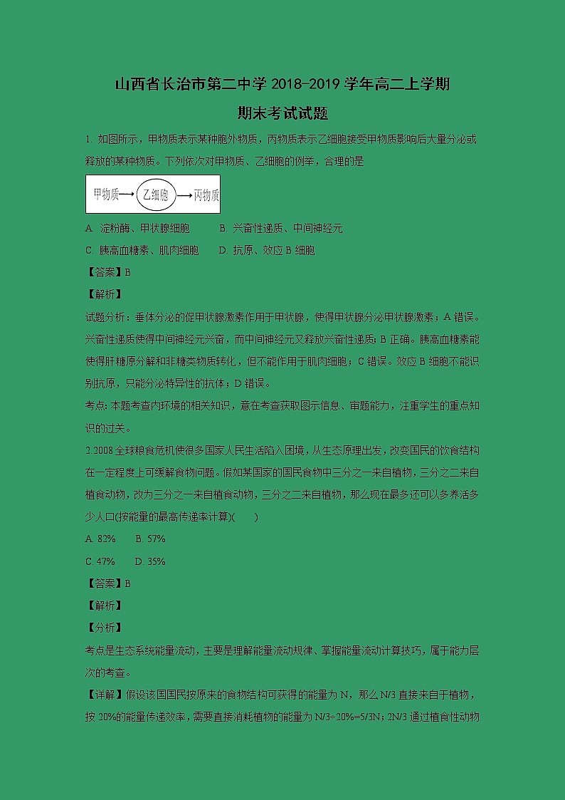 【生物】山西省长治市第二中学2018-2019学年高二上学期期末考试试题 （解析版）01