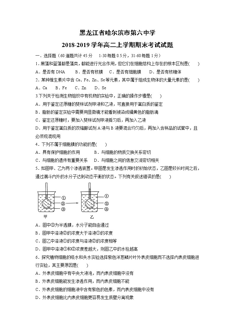 【生物】黑龙江省哈尔滨市第六中学2018-2019学年高二上学期期末考试试题01