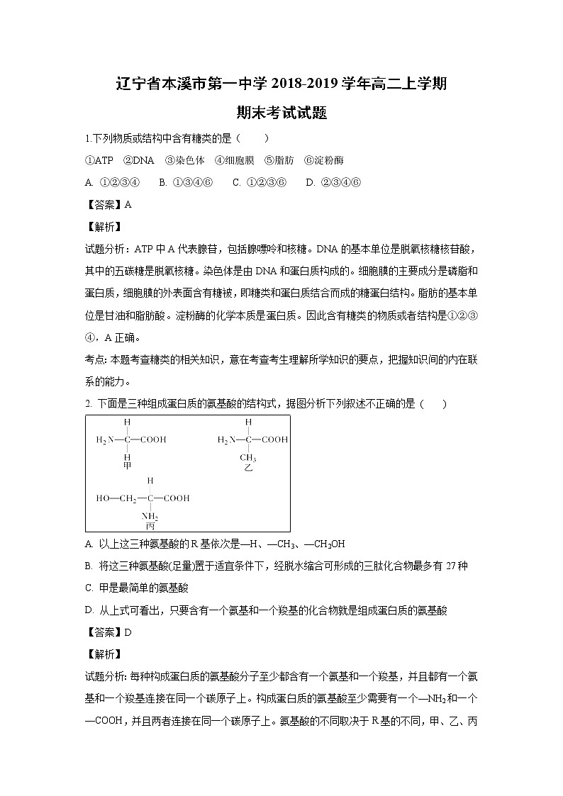 【生物】辽宁省本溪市第一中学2018-2019学年高二上学期期末考试试题 （解析版）第1页