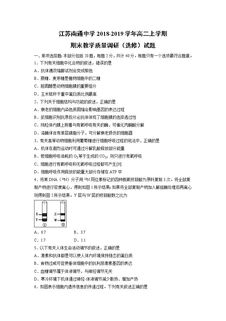 【生物】江苏南通中学2018-2019学年高二上学期期末教学质量调研（选修）试题01