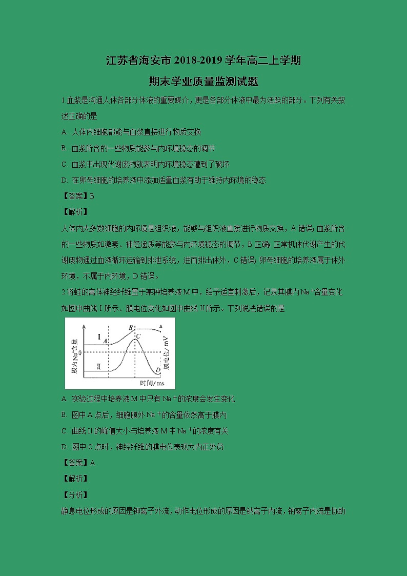 【生物】江苏省海安市2018-2019学年高二上学期期末学业质量监测试题（解析版）01
