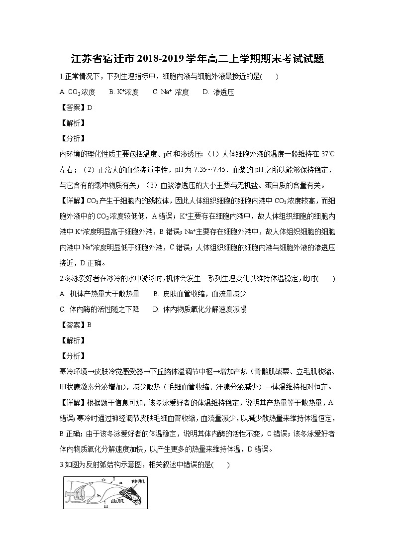 【生物】江苏省宿迁市2018-2019学年高二上学期期末考试试题 （解析版）01