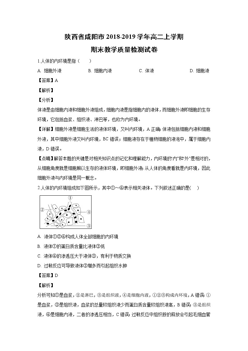 【生物】陕西省咸阳市2018-2019学年高二上学期期末教学质量检测试卷 （解析版）第1页