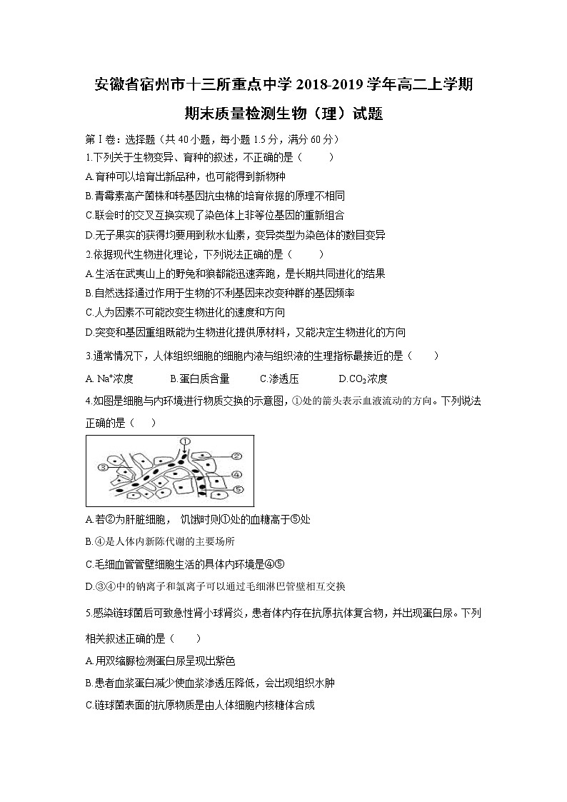 【生物】安徽省宿州市十三所重点中学2018-2019学年高二上学期期末质量检测生物（理）试题第1页