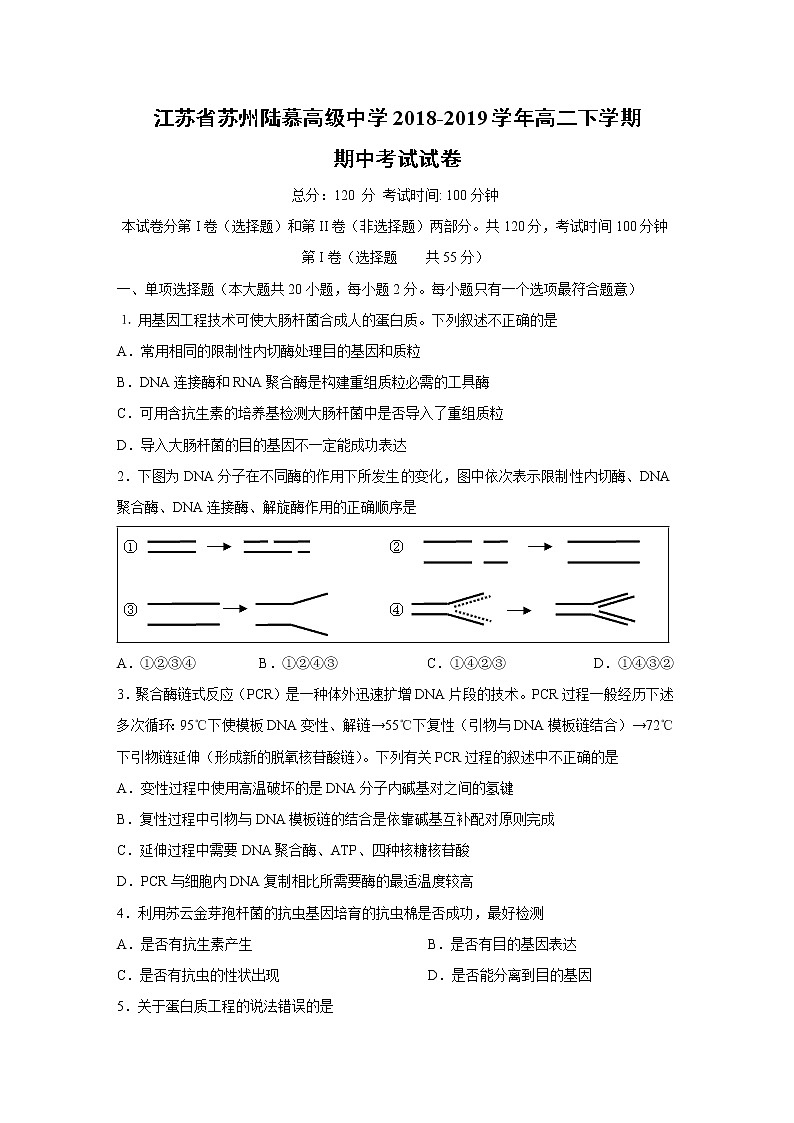 【生物】江苏省苏州陆慕高级中学2018-2019学年高二下学期期中考试试卷01