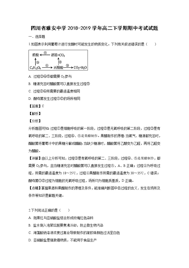 【生物】四川省雅安中学2018-2019学年高二下学期期中考试试题 （解析版）01