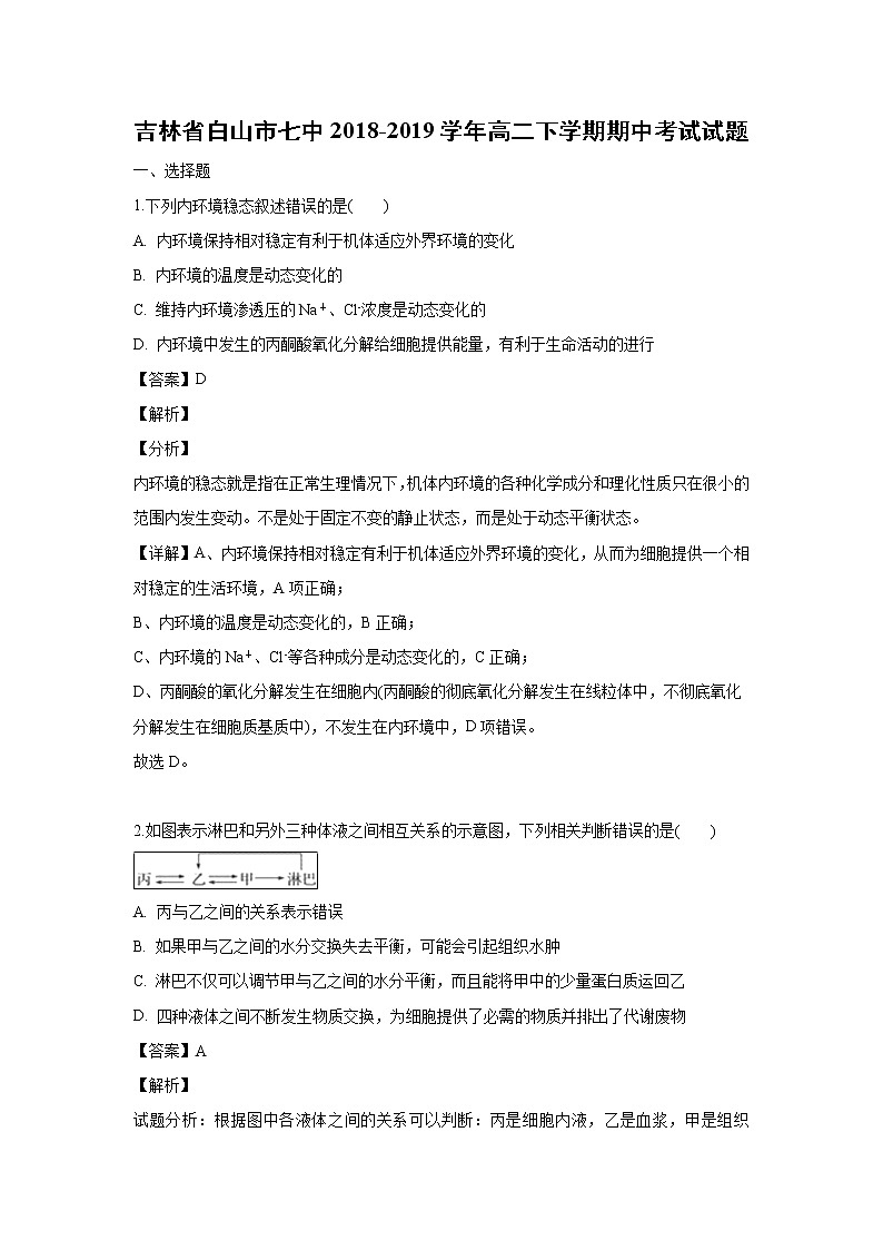 【生物】吉林省白山市七中2018-2019学年高二下学期期中考试试题（解析版）01