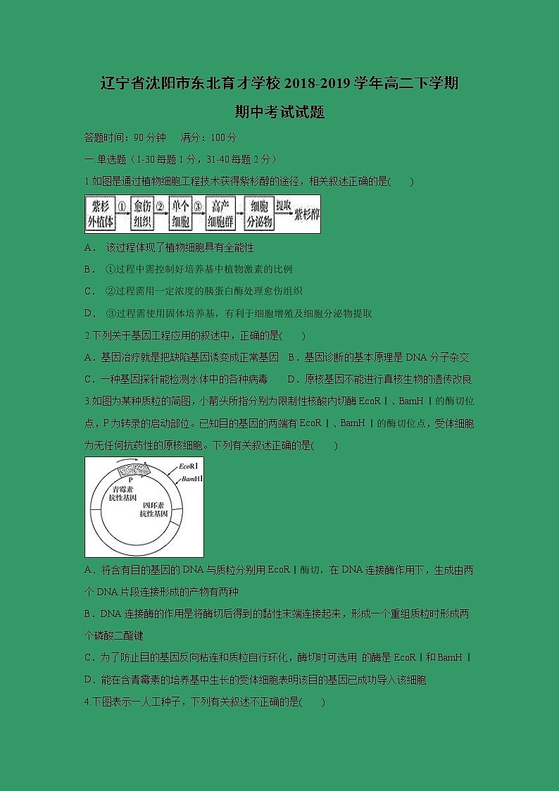 【生物】辽宁省沈阳市东北育才学校2018-2019学年高二下学期期中考试试题01