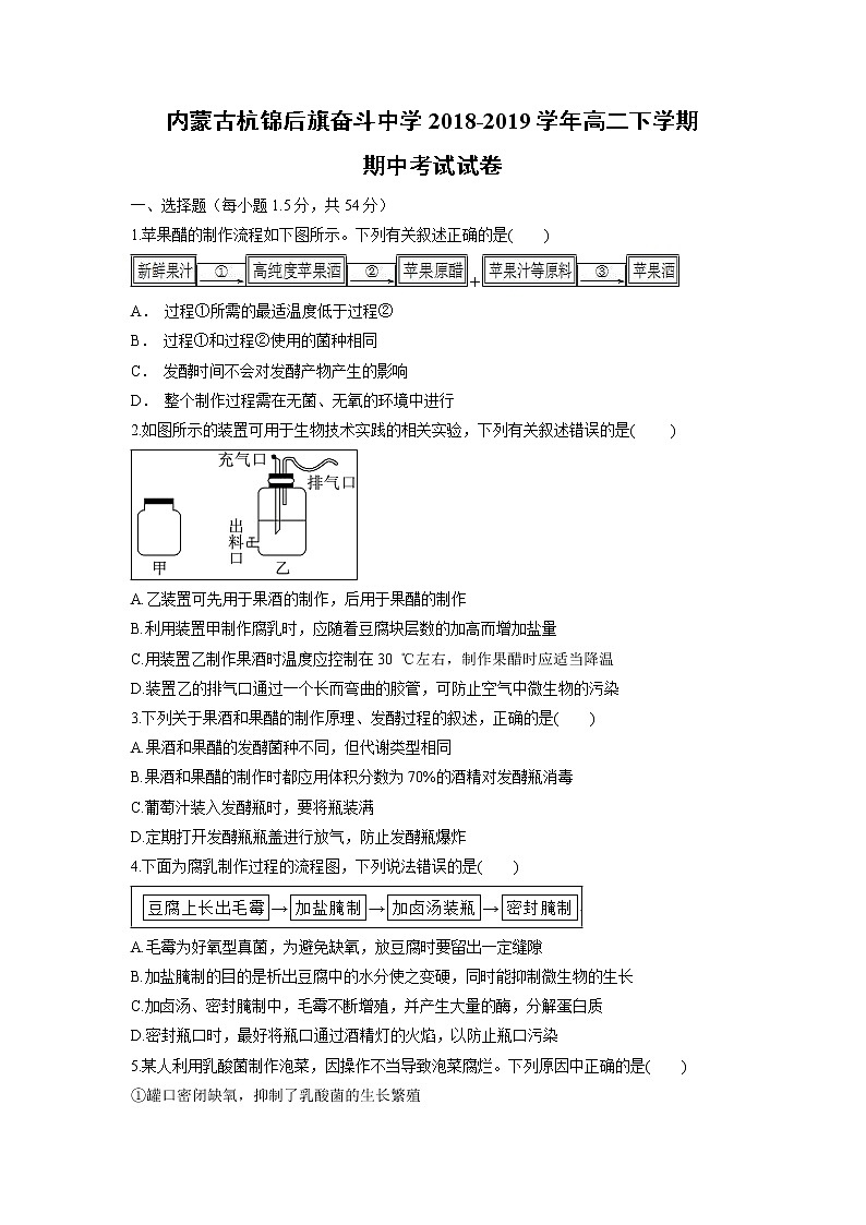 【生物】内蒙古杭锦后旗奋斗中学2018-2019学年高二下学期期中考试试卷01